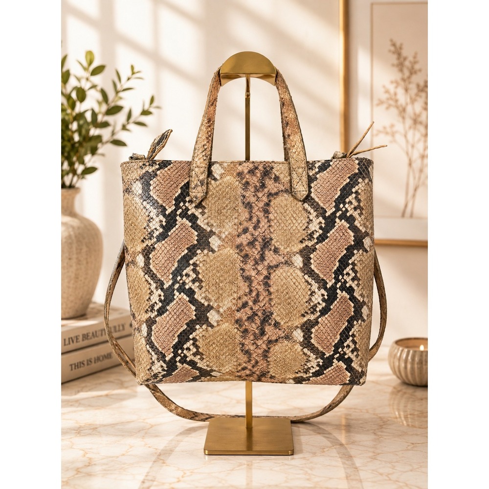 Madewell Snake Embossed Leather Transport Tote Crossbody Bag A0462 Tan Brown